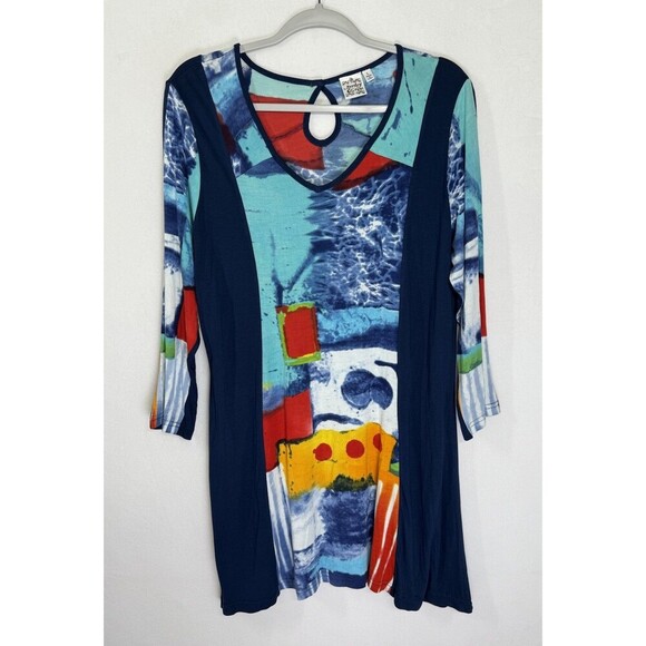 Parsley & Sage Abstract Sea Tunic Top Womens Large Blue Keyhole Back Long Sleeve - Picture 1 of 8